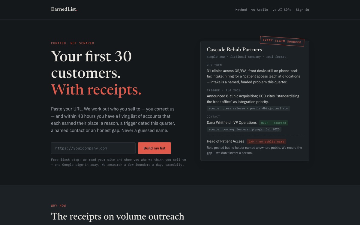 EarnedList, a researched list of target customers with every claim sourced
