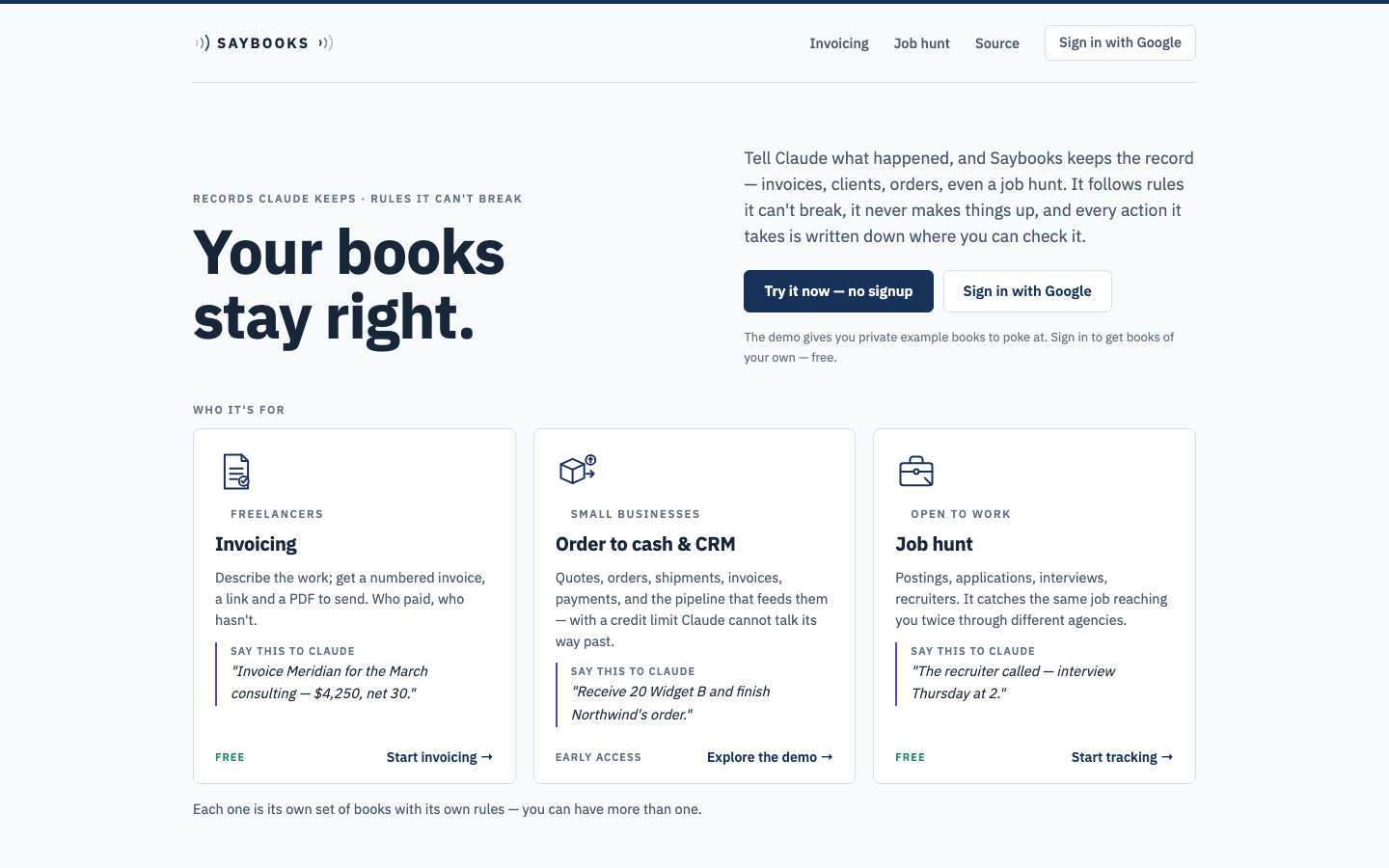 saybooks.io, a business system where an AI agent and a person share the same books